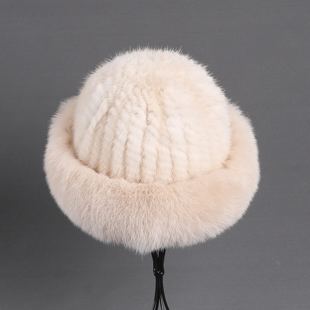 Women's Winter Warm Genuine Premuim Mink Fur Knitted Bucket Hat Furry Real Fur Caps Big Fox Fur Trim Brim Adjustable
