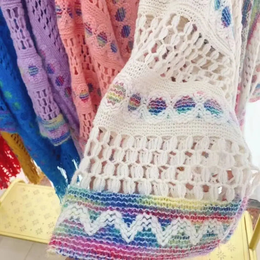 Womens Bohemian Knitted Shawl Ethnic Style Hollow Wraps Scarf Coat Ladies Tassel Cape