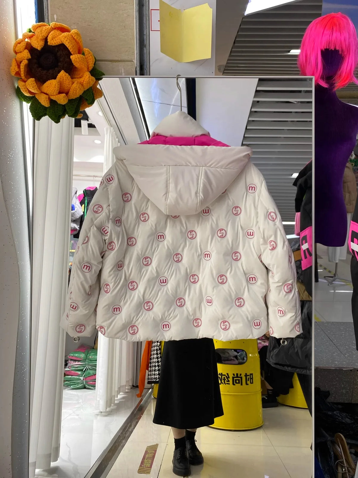 Bright Printed Down Jacket Fashion Hooded Color Block Short Jackets Winter Wash Free Loose Thick 90 White Duck Puffer Coat Women
