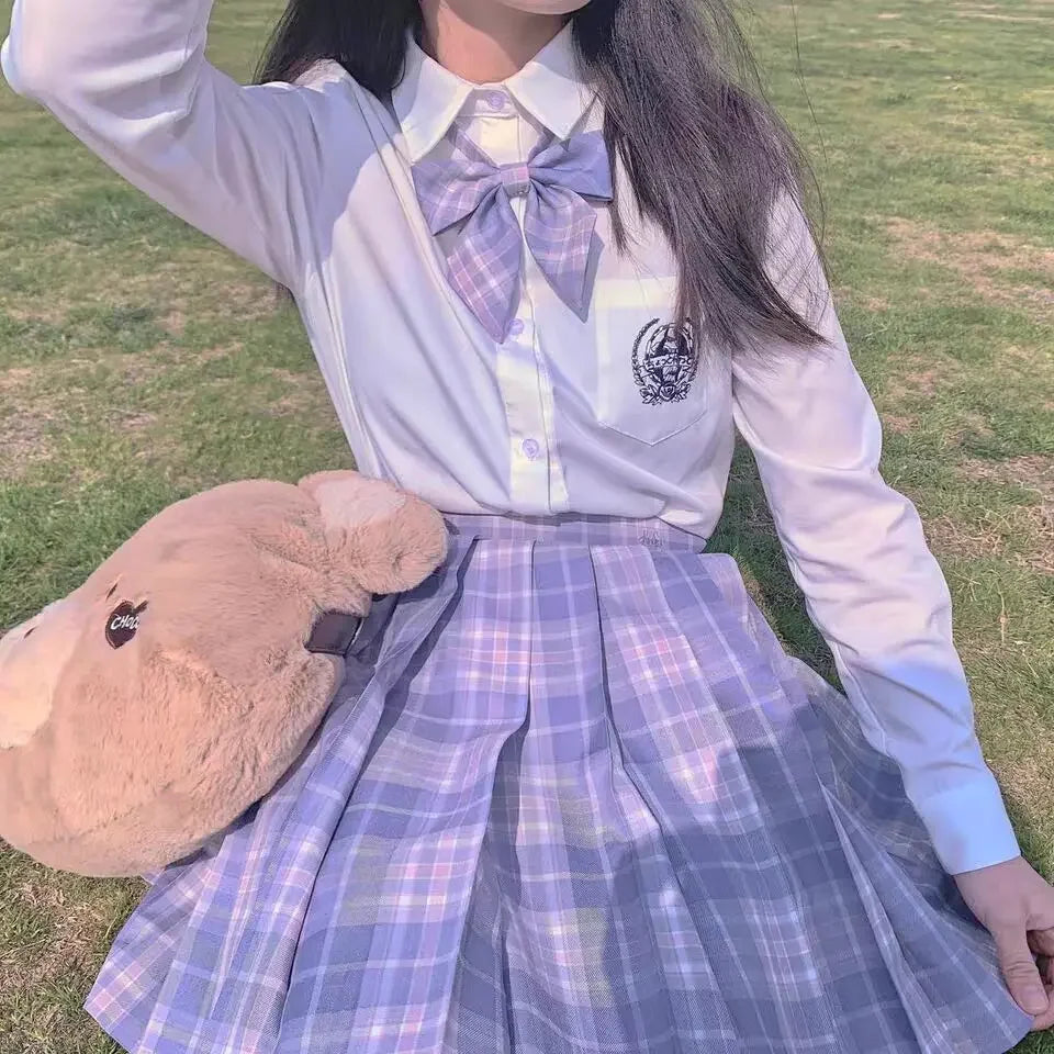 Romantic Purple Uniform JK Set Women 2025 Summer High Waist Skirts Korean Style Pleated Skirts Shirt And Tie For Cute Girls Suit