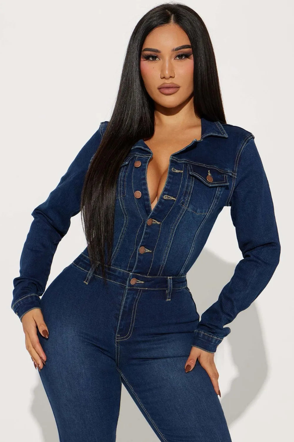 FAGADOER Fashion Denim Elastic Flared Pants Jumpsuits Women Turndown Collar Button Long Sleeve Playsuits Female Cowboy Overalls
