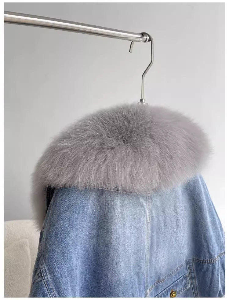 Winter Thickened Short Denim Jacket Fashion Parkas Jeans Jacket Luxury Fur Coat Removable Fur Collar Cotton Jacket New