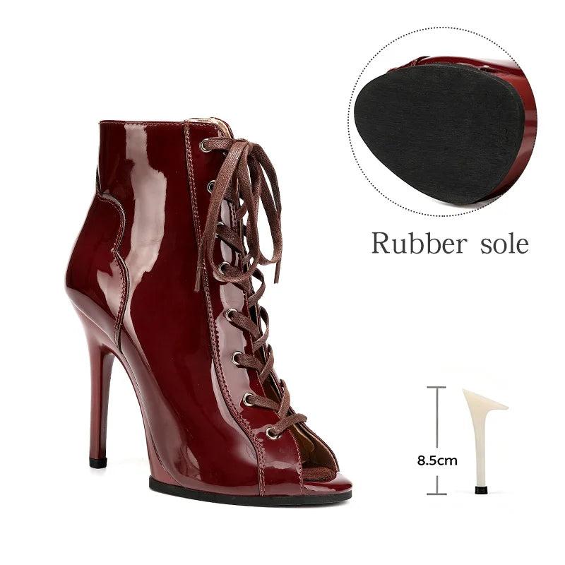 Women Sexy Thin High Heel Dance Shoes Party Ballroom Pole Jazz Lace Up Platform Dancing Boots Short Tube Heels 8.5/9.5CM Booties
