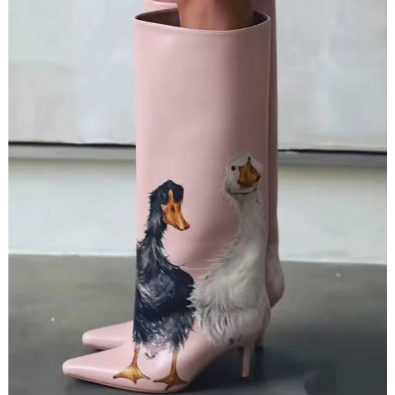 Women Cute Duck Print Light Blue Knee High Stiletto Boots Pointed Toe Printing Long Boots Fashion Party Shoes Botas Mujer