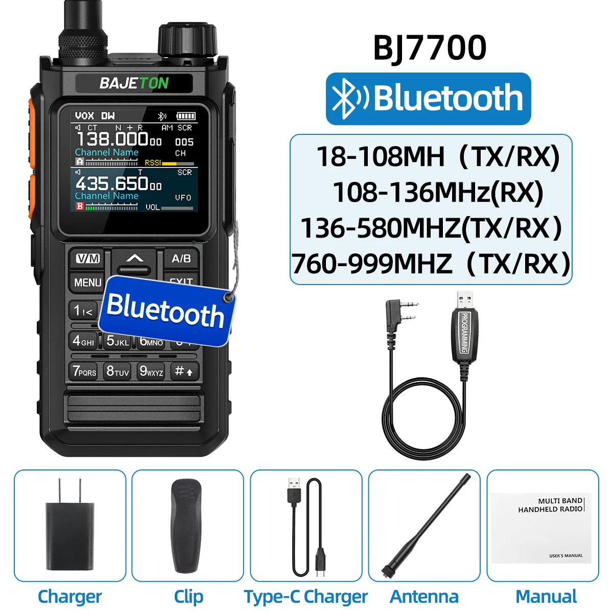 BAJETON BJ7700 Walkie Talkie Portable Full Band Bluetooth Programmer Noise Reduction Spectrum Analyzer AM Two Way Radio BT8000