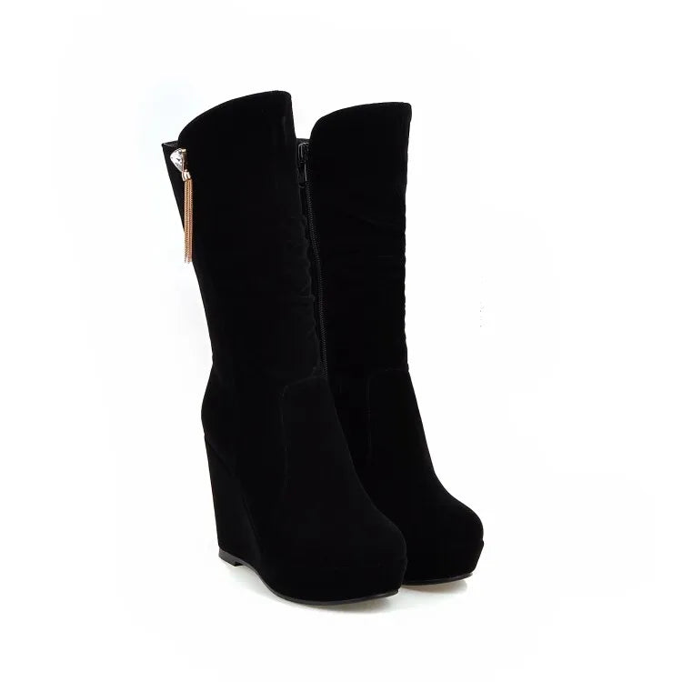 2026 Fashion Women Mid Calf Boots Round Toe Wedges 11cm Platform 3cm Decoration 42 43 Sexy Female Bota