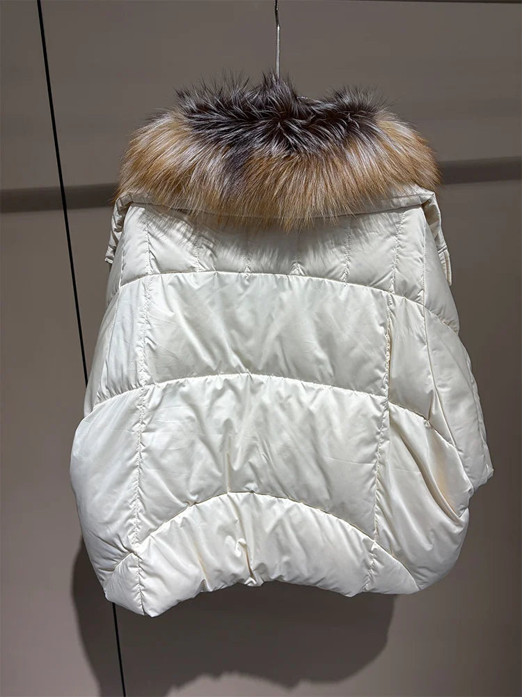 2026 New Winter Warm Women White Goose Down Jacket Real Large Fox Fur Collar Loose Short Puffer Coat Ladies Parka Outerwear