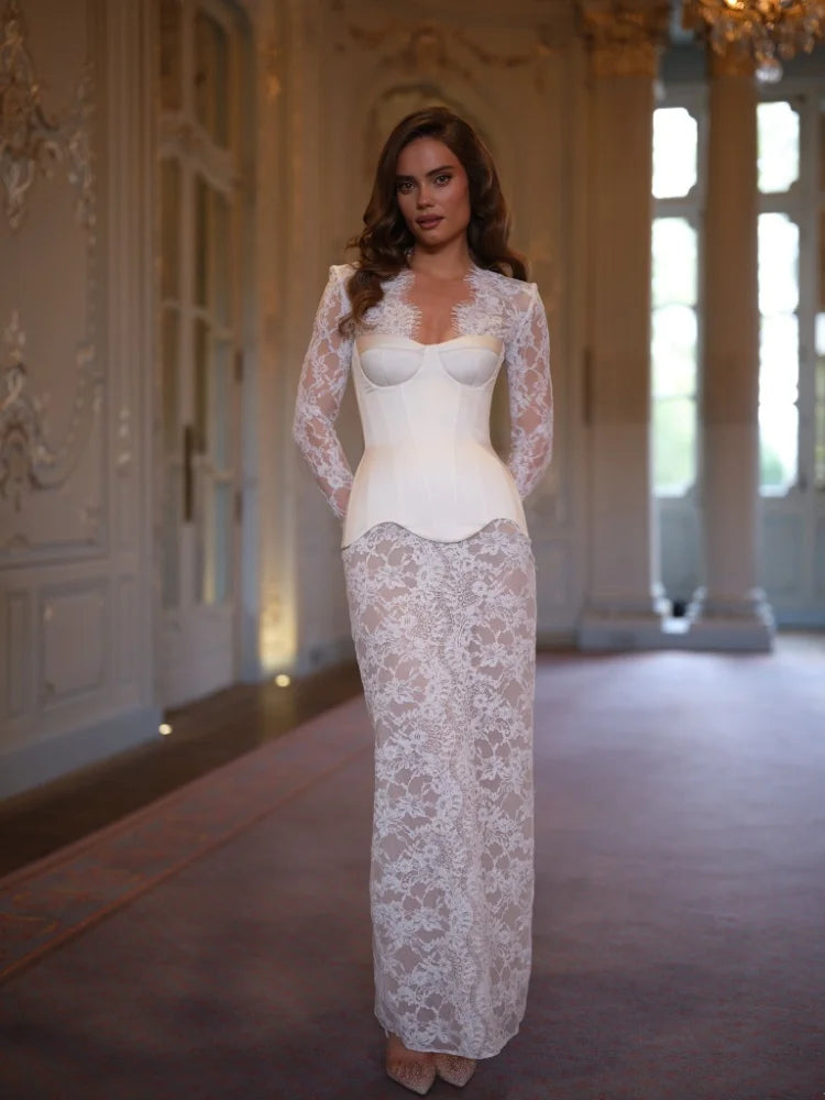 Elegant White Lace Corset Dress For Women Chic Bustier Top Long Sleeve Sheer Lace Maxi Gown 2026 New Lady Date Party Vestidos