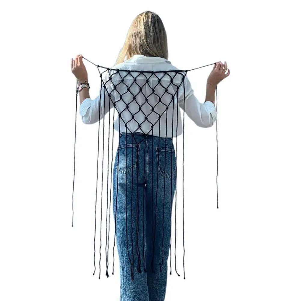 Bohemian Netted Fringe Scarf Handwoven Bikini Women Mid Waist Skirt Ethnic Design Mesh Tassel Waistband Decorative Butt Curtain