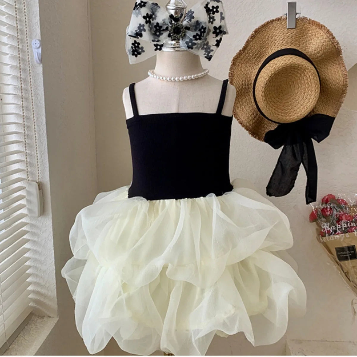 Summer Princess Dress for Girls Patchwork Mesh Skirt Strap Design Children's Clothing Korean Style Cake Skirt Short Length