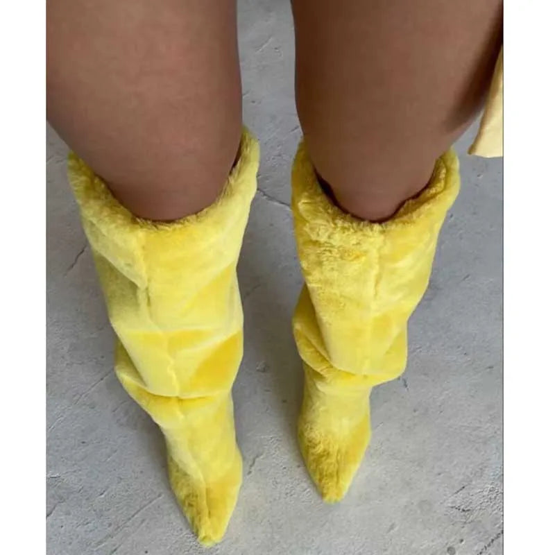 Lemon Yellow Fur Knee High Boots Women Full Fluffy Fur Pointed Toe Orange High Heels Winter Boots Female Fashion Warm Snow Shoes