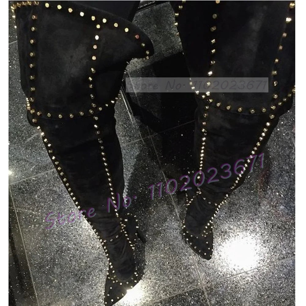 Sparkling Studded Thigh High Boots Women Sexy Metal Rivets Pointy High Heels Suede Leather Shoes Ladies Winter Fashion Boots
