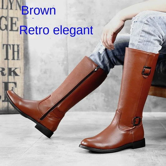 Fashion Men's Genuine Leather Motorcycle Boots Wool Fur Snow Combat Boots Knee-High Western Cowboy Boots Brown Side Zipper