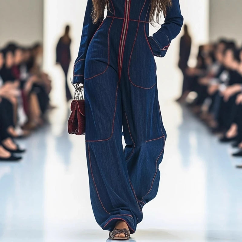 Women Retro Patchwork Elegant Playsuits Autumn Simple Chic Wide Leg Pants Jumpsuits 2025 Holiday Long Sleeve Ladies Bodysuits