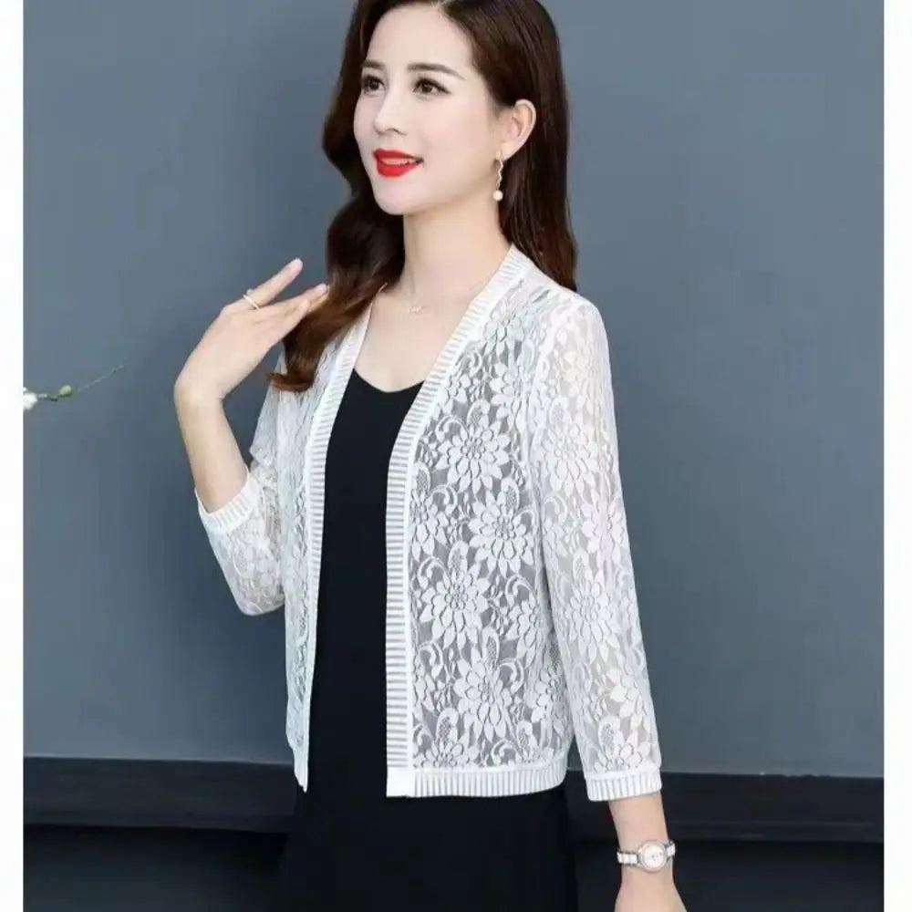 Summer Tie Up Women's Cardigan Breathable Beach Sun Protection Clothing Floral Lace Mesh Shawl Women