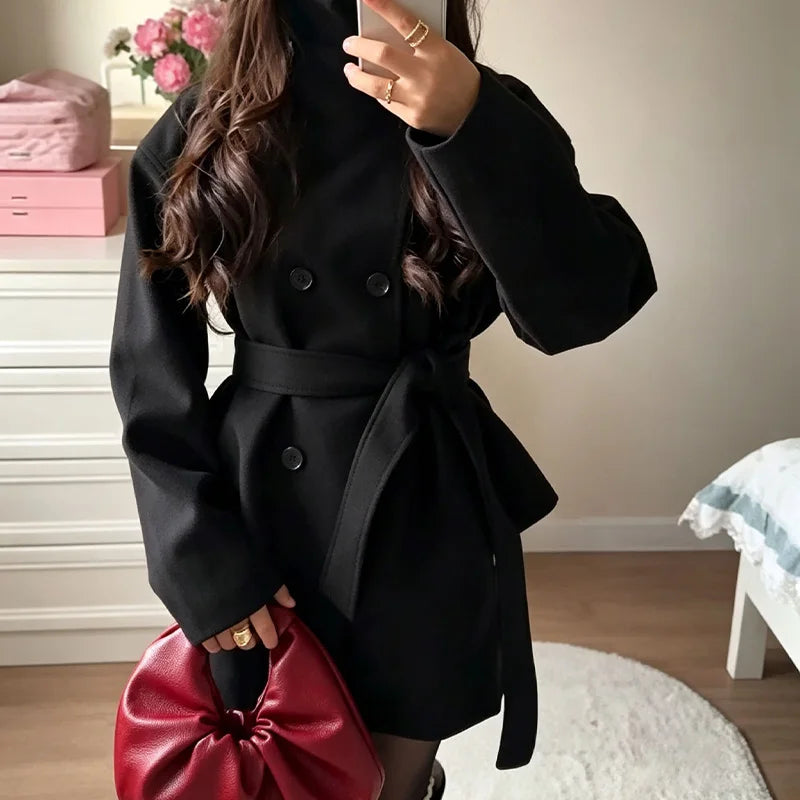 Winter Women's Black Fall Winter Double Breasted Belted Coat High Neck Long Sleeve Short Peacoat Elegant Casual Warm Outerwear