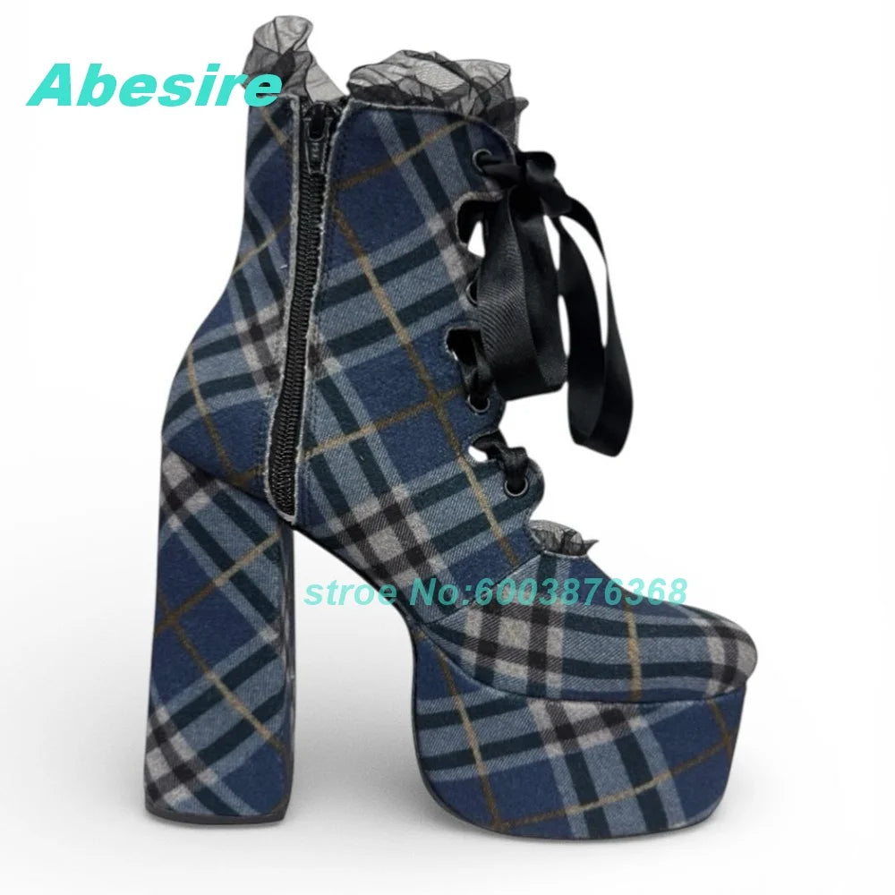 Blue Black Plaid Ankle Boots Platform Lace-Up Hollow Out chunky heels women's boots Sweet Cool Gothic Y2K Daily Wear Shoes