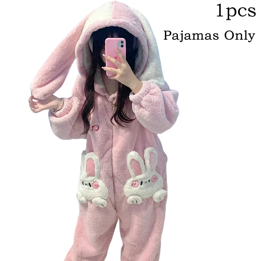 Coral Velvet Onesies Women Cute Rabbit Kigurumi Unicorn Preppy Cartoon Hooded Kawaii Thicker Winter Warm Cotton Pajamas Homewear
