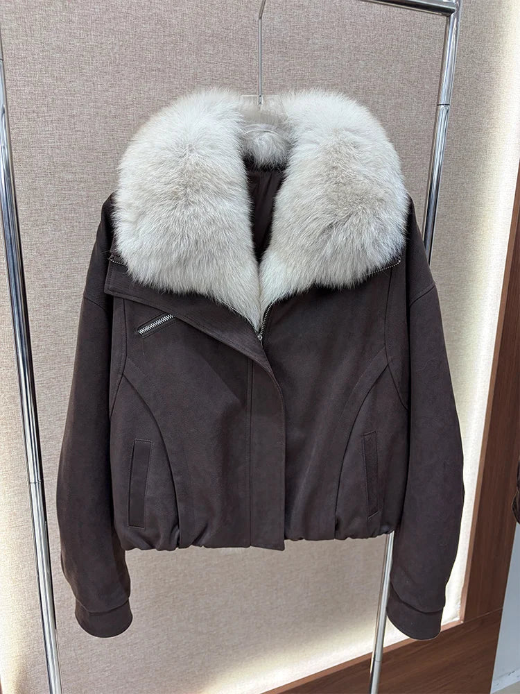 2026 New Winter Women Goose Down Jacket Natural Real Fox Fur Collar Coats Denim Puffer Jacket Outwear