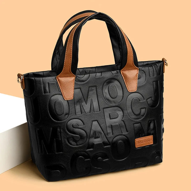 New Women's Large Capacity Contrast Color Handbag PU Leather Letter Embossed Ladies Shoulder Bag Designer Crossbody Bag