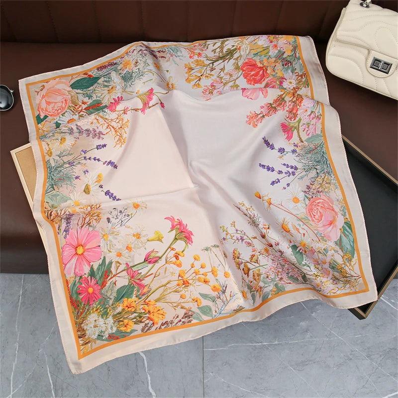 70cm Luxury Brand Square Scarf Design Double Side Shawl Wrap Print Twill Silk Women Hijab Female Foulard Headband Bandana