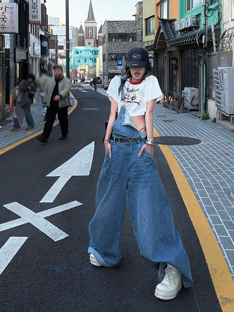 ReddaChic Women's Wide Leg Denim Overalls Casual Chic Autumn Winter Romper Loose Floor-Length Jumpsuit Jeans Trousers Rompers