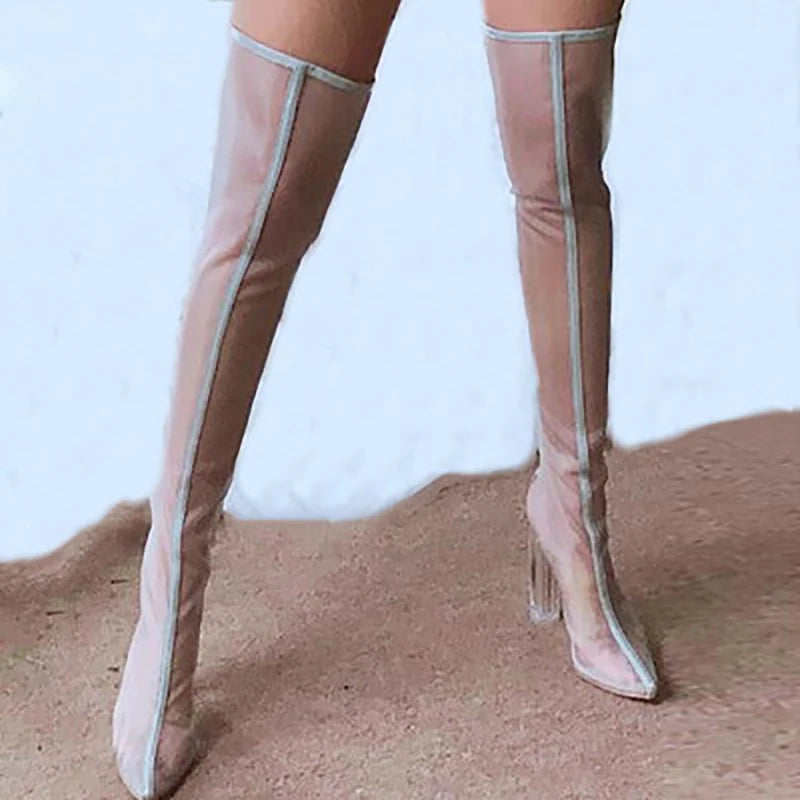 New Mesh Neon Green Sandal Boots Women Sexy Over The Knee Boots Pointed Toe High Heels Party Shoes Woman Thigh High Boots
