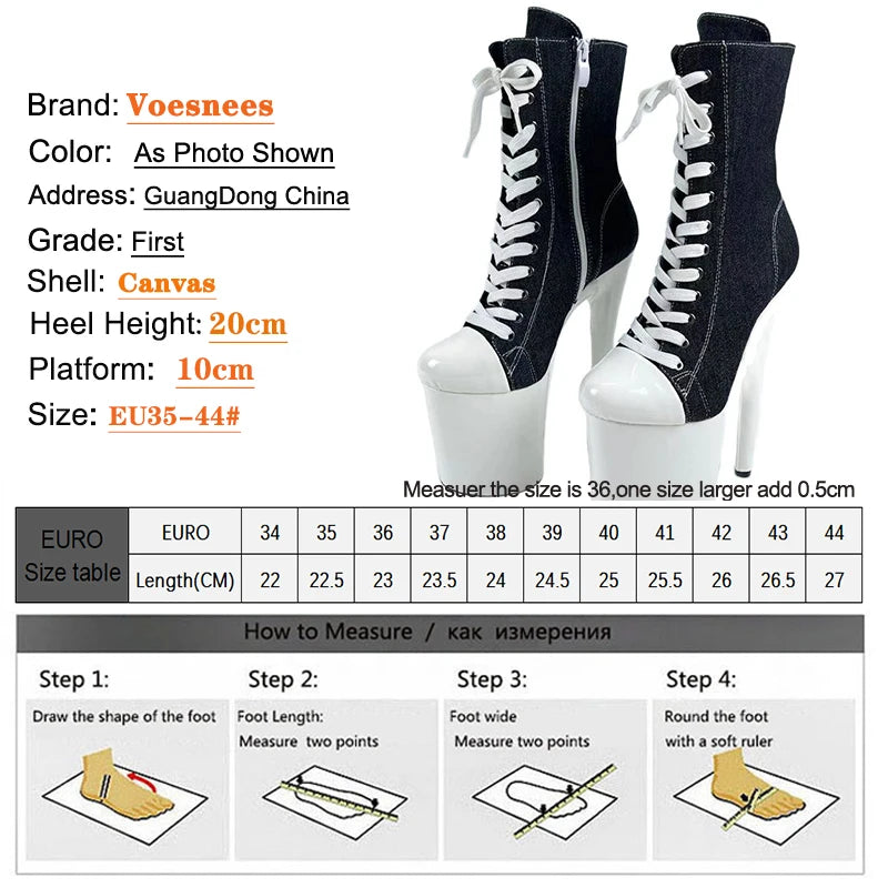 15 17 20cm Super High Nightclub Platform Heels Strappy Canvas Women's Ankle Boots Sexy Round Toe Pole Dance Shoes Ladies Boots