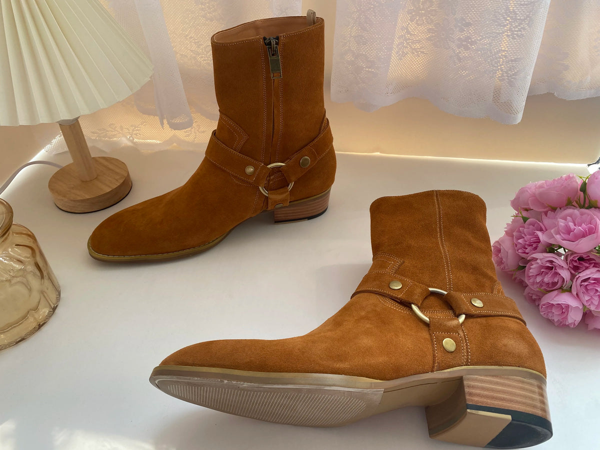 Brown Men Chelsea Boots Handmade High-quality Cow Suede Business Casual Square Toe Mid-heel Men Shoes Motorcycle Boots With Heel