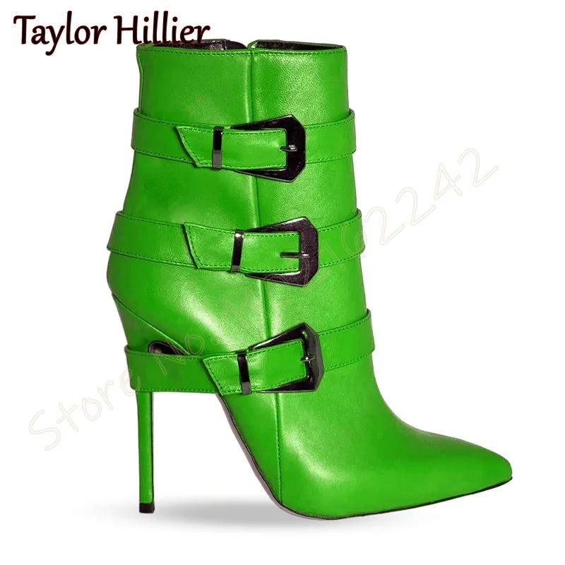 Rose Red Suede Belt Buckle Short Boots Pointed Toe Stiletto Side Zipper Modern Boots Fashion Party Catwalk Luxury Short Boots 46