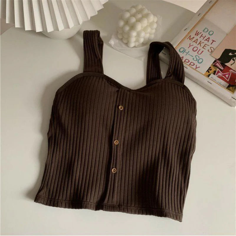 Women's Y2K Cropped Tops with Bra Pads Summer Corset Korean Suspenders Vest Sexy Camisole Slim Solid Casual Fake Buckle Tops