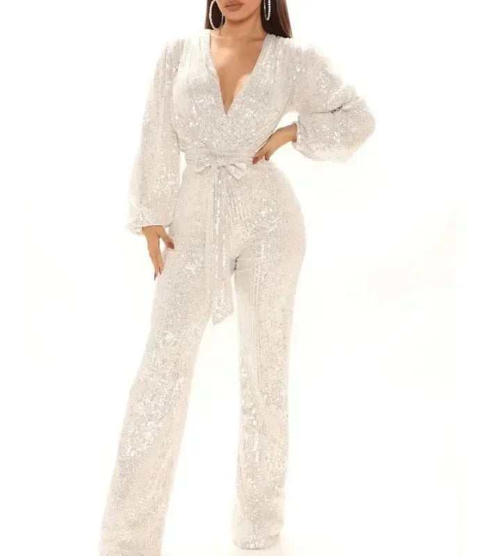 2026 Women's Elegant Sequined Jumpsuit Spring Summer Ladies Bling Bling V-neck High Waist Rompers Overalls with Lantern Sleeve