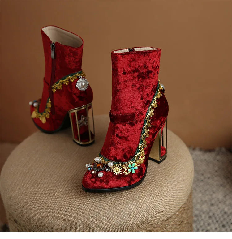 Royal Gemstone Jeweled Flower Velvet Ankle Boots Floral Crystal Cage Fretwork High Heels Blue Red Black Woman Bridal Booties