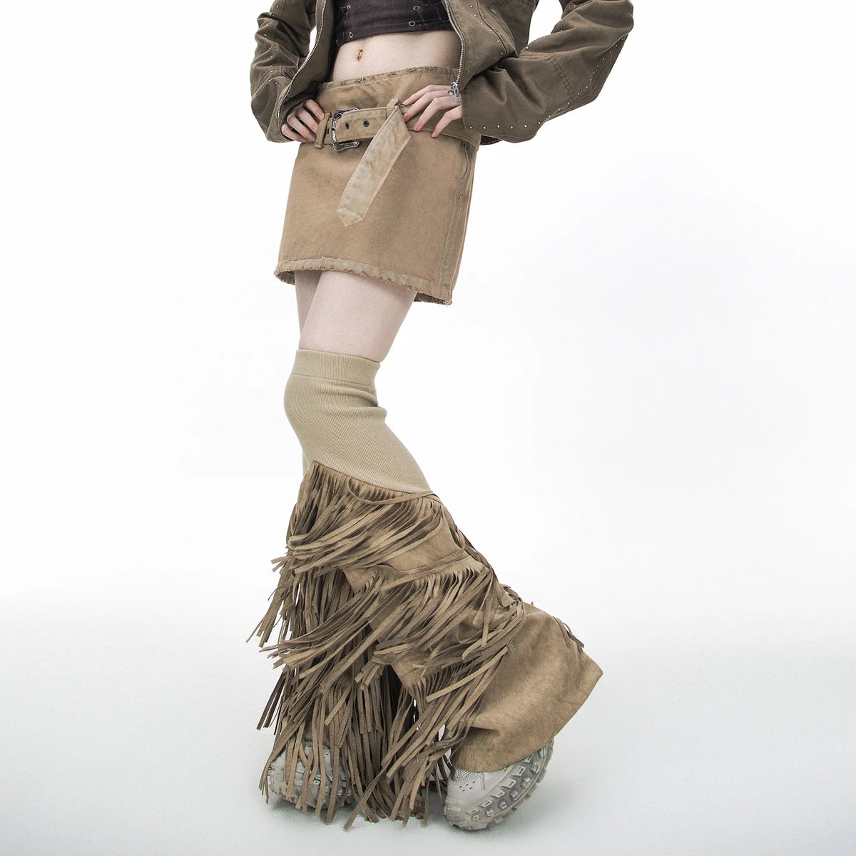 Suede Fabric Tassel Knitted Elastic Punk Vintage Flared Leg Warmers Woman Fashion Elegant Gothic Leg Sleeve