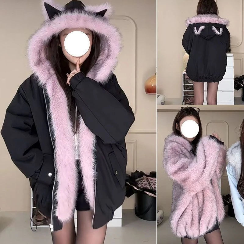 Korean Sweet Hot Girl Two Way Wear Cat Ear Design Hooded Coat Women Y2k Vintage Loose Down Jacket Winter Casual Warm Outerwear