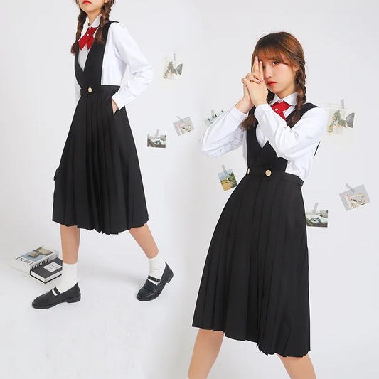 Japanese Korean Class High School Student Girl Long Pinafore Pleated Dress JK Uniform Cosplay Seifuku Schoolgirl Sundress