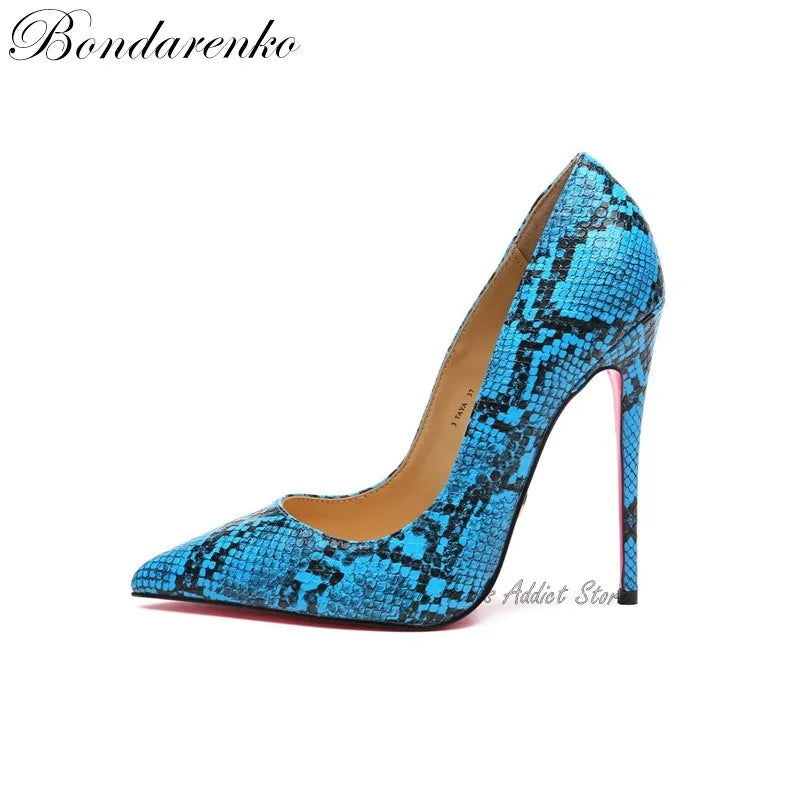 Python Pattern Pink Sole Pumps Women Pointed Toe Shallow Stilettos Leather High Heels Sexy Designer Party Office Dress Shoes