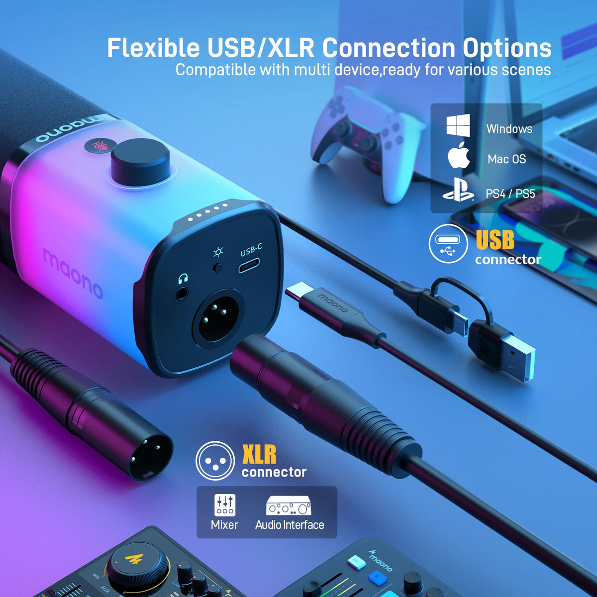 MAONO PD100X RGB Gaming Microphone USB/XLR Dynamic Microphone Noise Reduction Mute Headphone Jack for Gaming Streaming Podcast