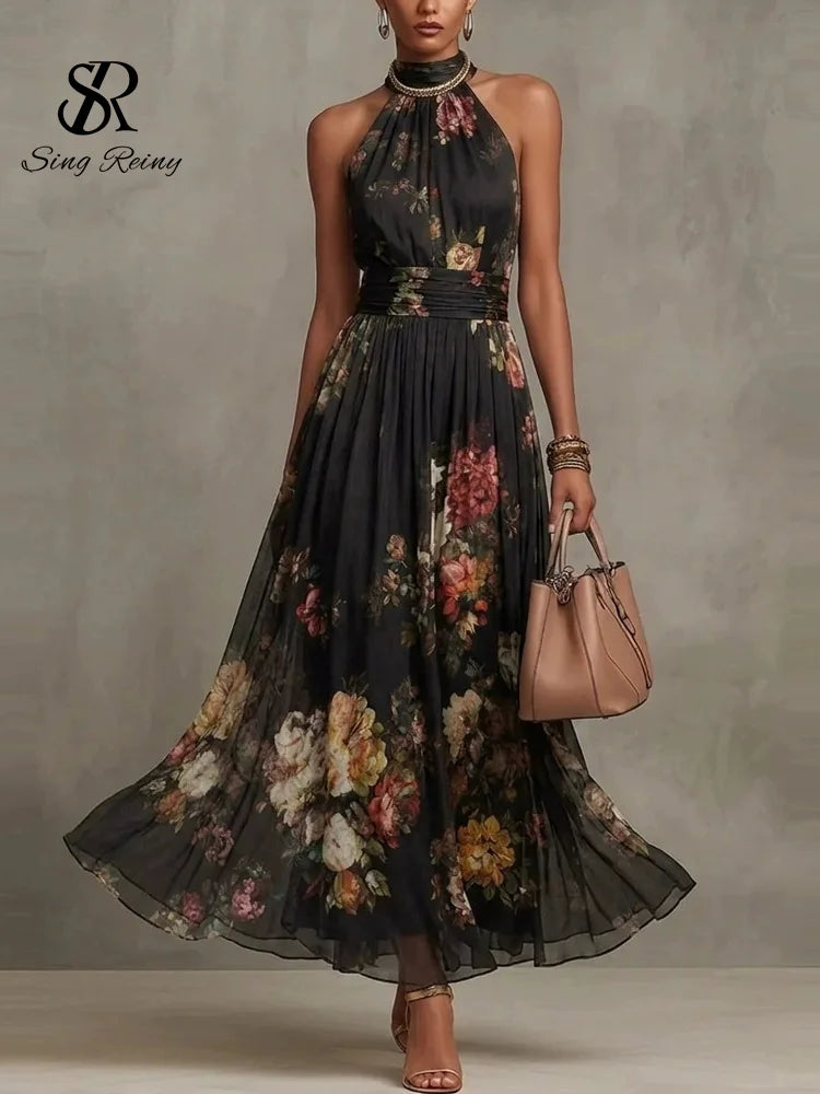 SINGREINY Elegant Green Floral Halter Chiffon Maxi Dresses Trendy Sleeveless A-line 2026 Women Floral Wedding Guest Party Dress