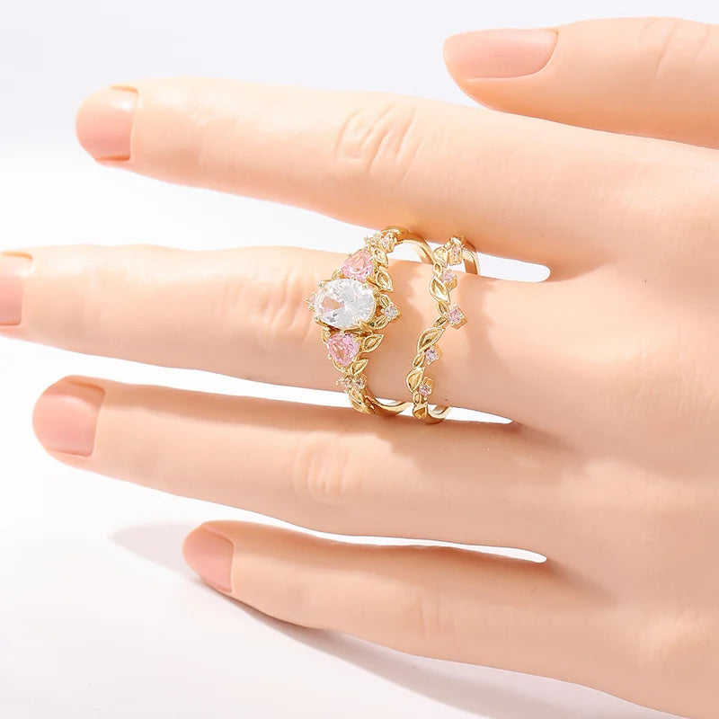 2 Pcs/set Retro Elegant Pink Synthetic Zircon Ring, Ladies' Engagement Proposal Gift, Jewelry