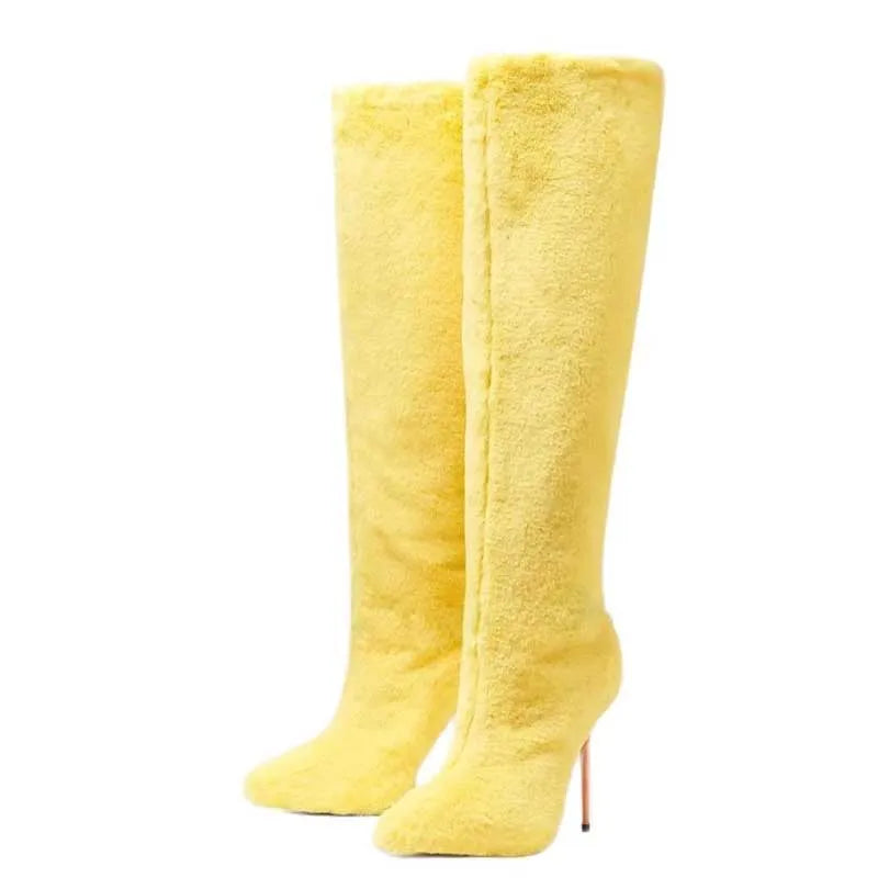 Lemon Yellow Fur Knee High Boots Women Full Fluffy Fur Pointed Toe Orange High Heels Winter Boots Female Fashion Warm Snow Shoes