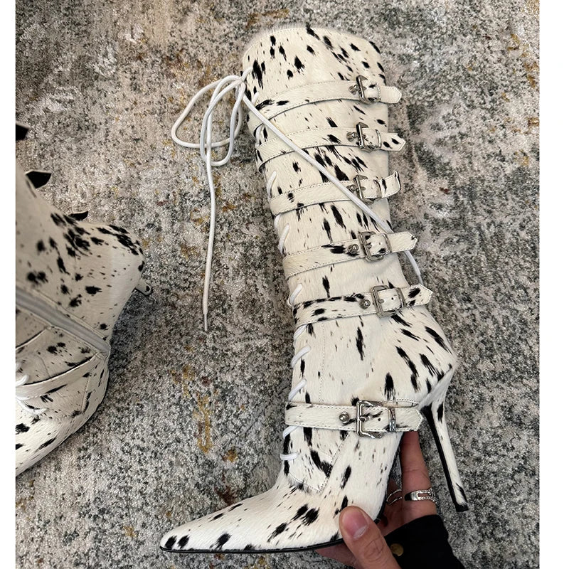 High Qaulity Horsehair Patchwork Thin High Heel Long Boots Women Pointed Toe Lace Up Sexy Fashion Women Boots For 2025 Autumn