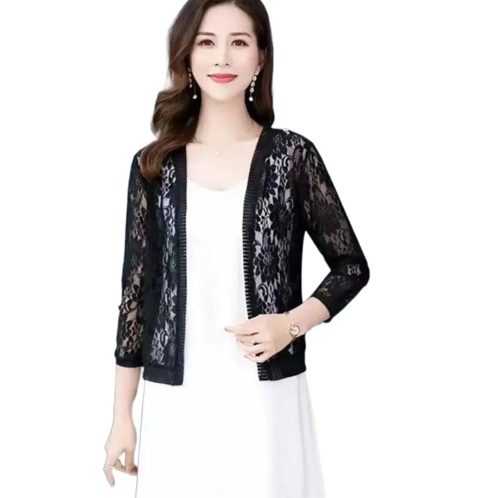 Summer Tie Up Women's Cardigan Breathable Beach Sun Protection Clothing Floral Lace Mesh Shawl Women