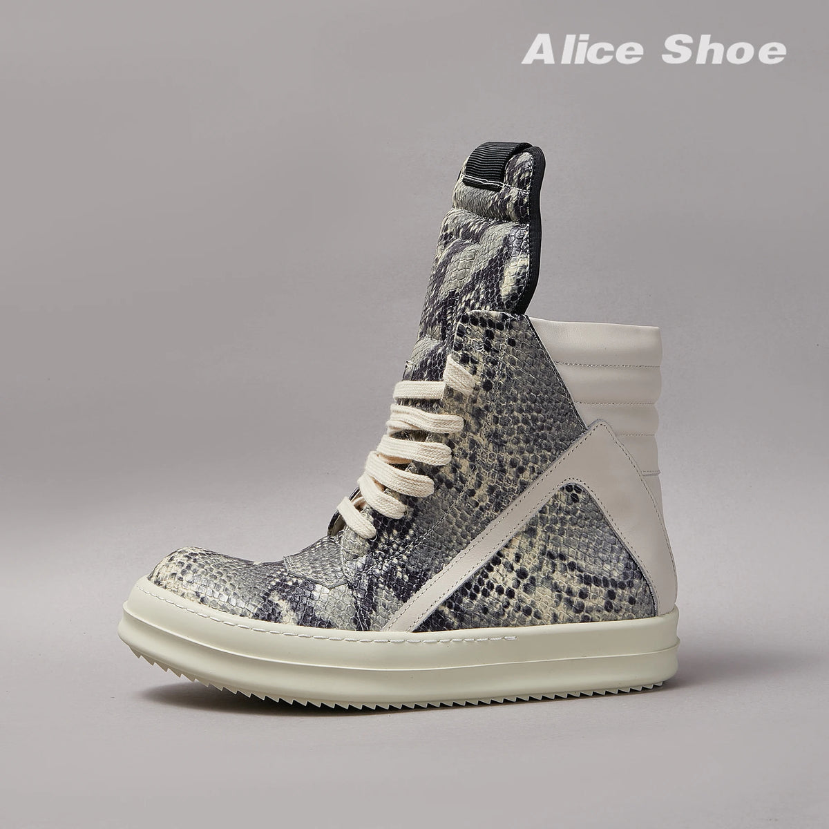 Brand Men Ankle Boot Casual Leather High Top Women Sneaker Python-Embossed Flat Luxury Trainer Designer Platform Grey Flat Shoe