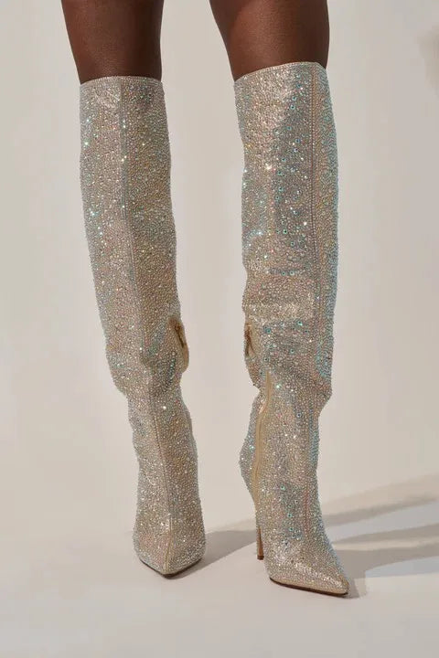 2026 New Glitter Heels Crystal Knee High Woman Long Boots Bling Rhinestone Knight Boots Sexy Pointed Toe Shinning Lady Boots