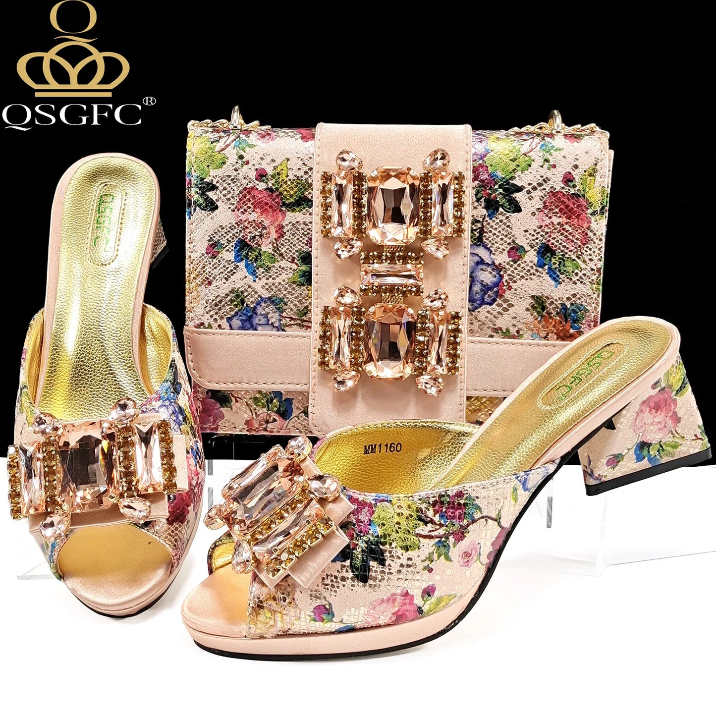 QSGFC Italian Sandals and Bags Matching Set 2026 Women Heel Party for Rose Gold Colour Wedding Bigger Size Thick Heel Shoes