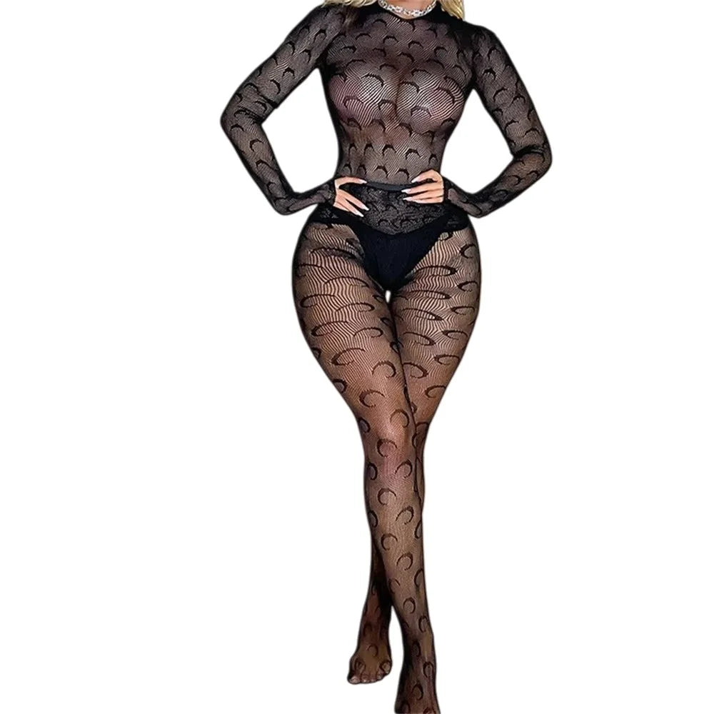 Plus Size Large Women's Fishnet Bodysuit Mesh Bodystocking One Piece Jumpsuit Fishnet Lingerie Rave Outfits(Black)
