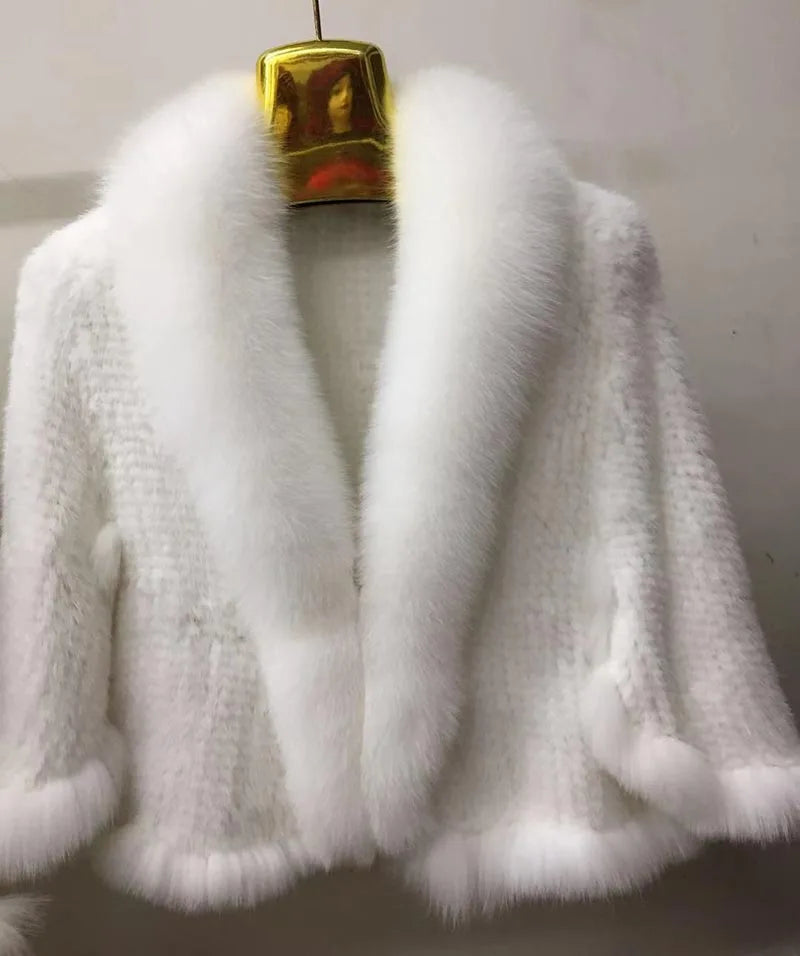 Ms.MinShu-Natural Mink Fur Poncho for Women, Trimmed Mink Fur Coat, Fox Fur Collar, Sleeveless, Woven Jacket, Outwear