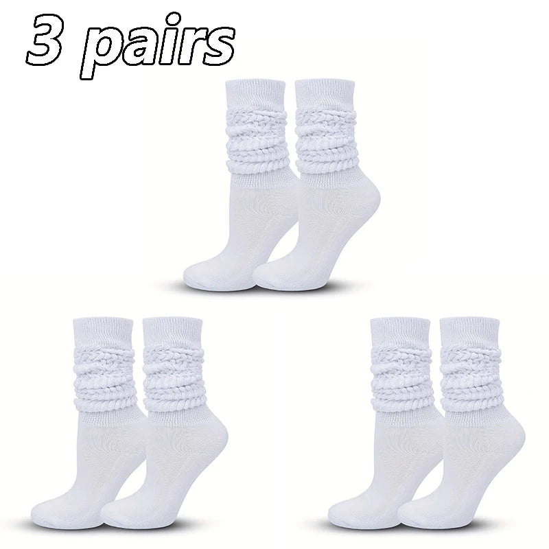 3 Pairs Women Pile Up Socks Fashionable Trendy Versatile White Solid Color Basic Socks Comfortable Breathable Mid Length Socks