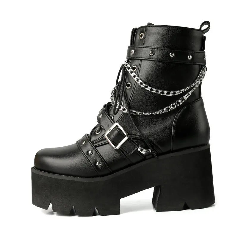 Women's Black Platform Ankle Boots | Punk Chain Accent, Dark Fashion Essential Footwear